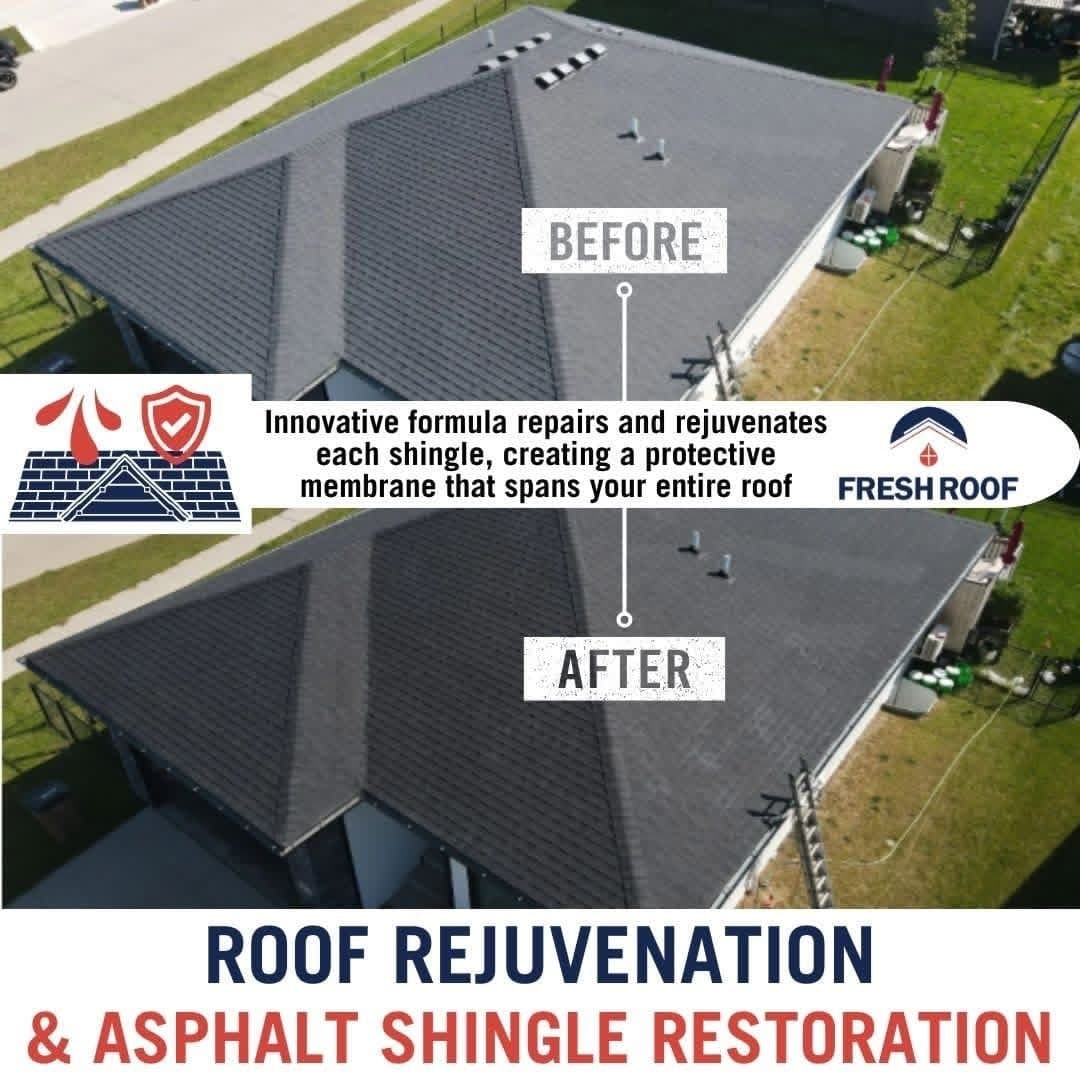 Before and after of a Fresh Roof rejuvenation treatment on asphalt shingles